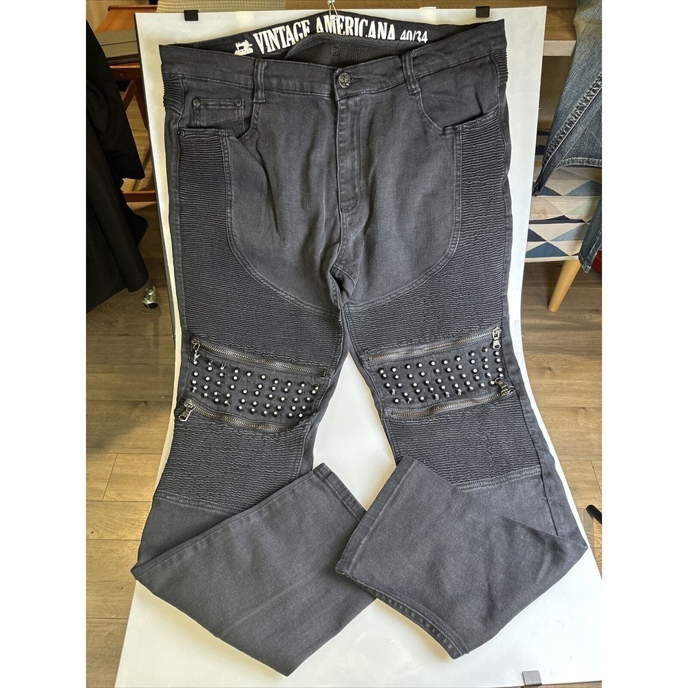 Vintage American Studded Black Jeans With Zippers And Accordion Fabric 40 X 34